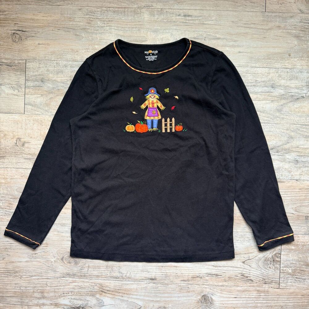 Halloween Top Fall Scarecrow Pumpkin Long Sleeve Small Black Autumn Harvest